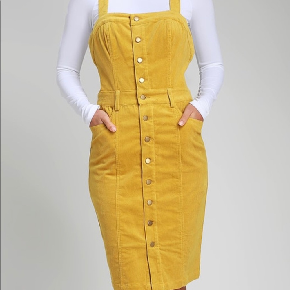 Yellow Corduroy Button-Front Midi Dress